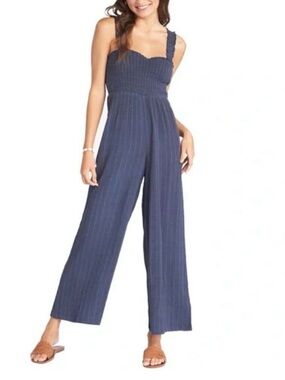 Roxy Navy Pinstripe Smocked Wide-Leg Jumpsuit